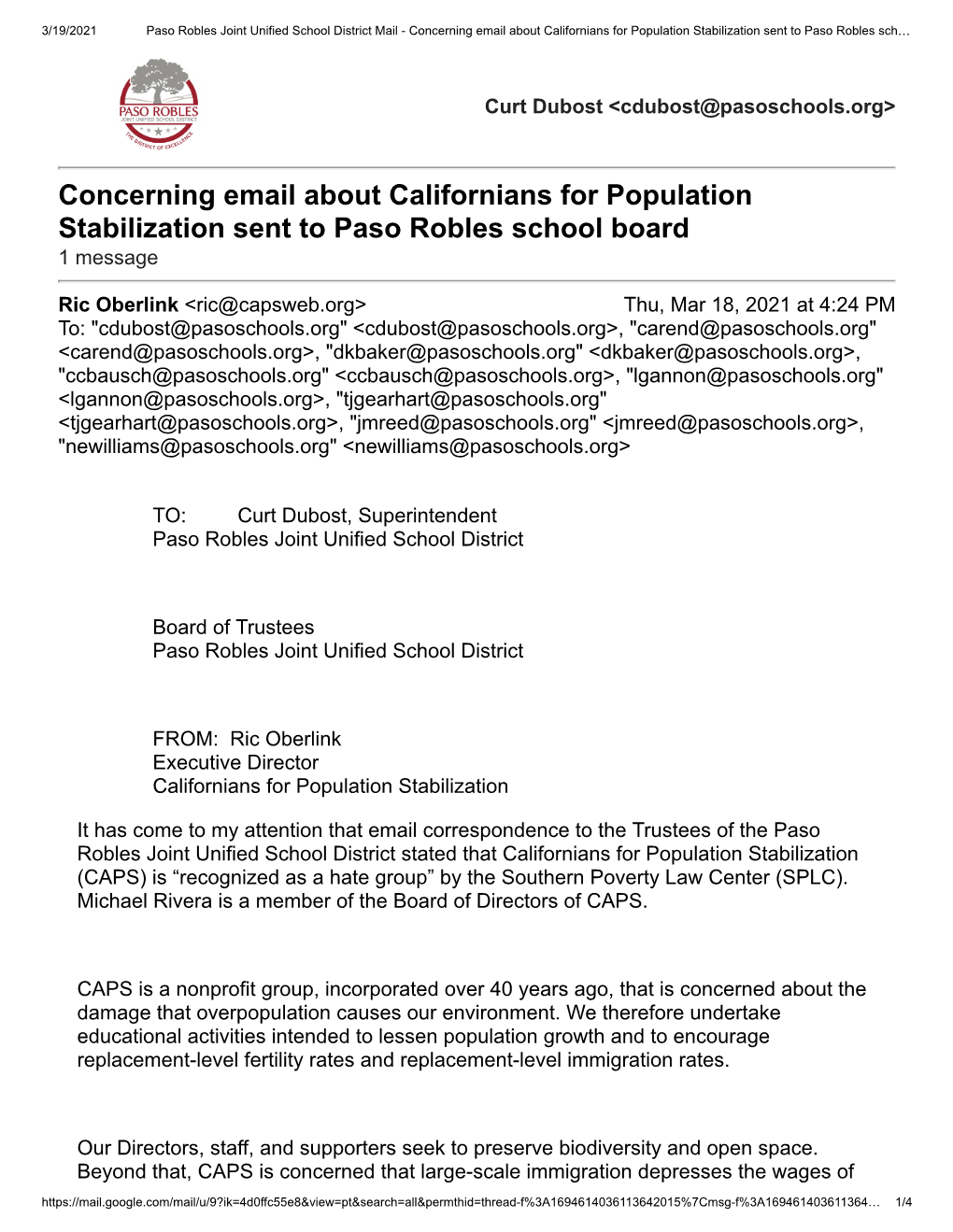 Ric Oberlink Re Californians for Population Stabilization