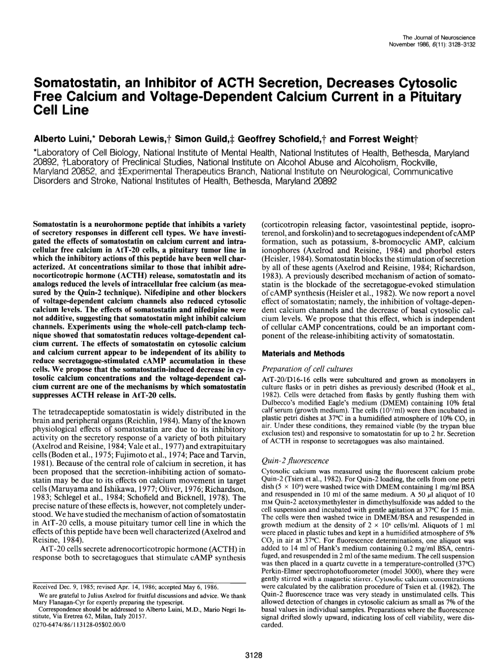 Somatostatin, an Inhibitor of ACTH Secretion, Decreases Cytosolic Free Calcium and Voltage-Dependent Calcium Current in a Pituitary Cell Line