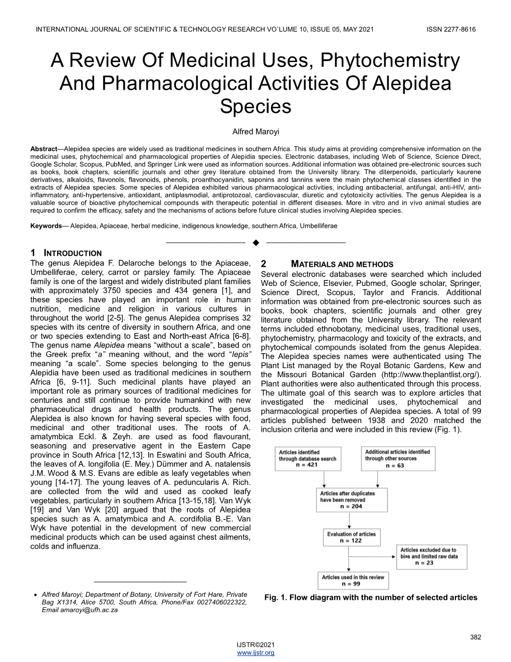 A Review of Medicinal Uses, Phytochemistry and Pharmacological Activities of Alepidea Species