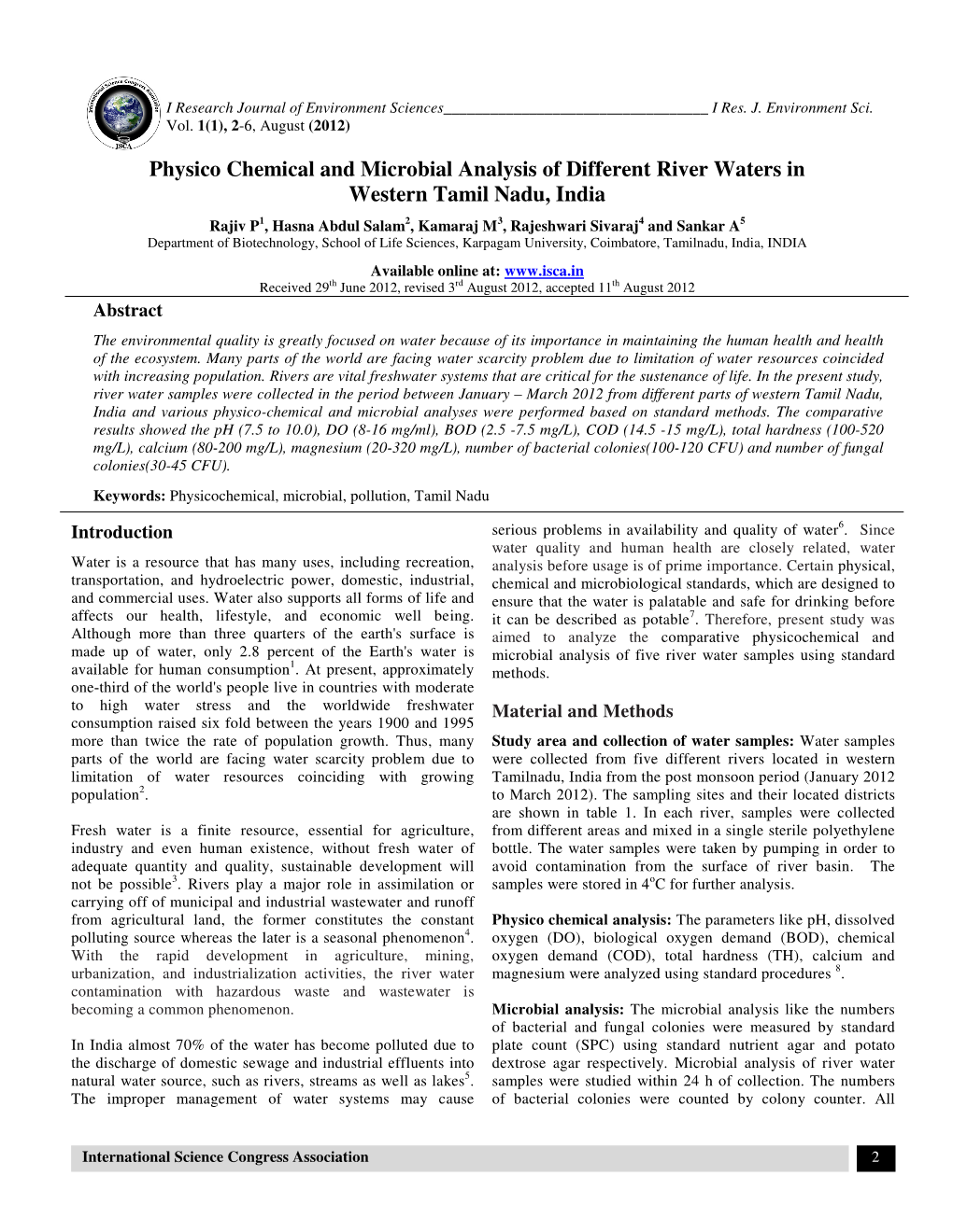 Physico Chemical and Microbial Analysis of Different River Waters in Western Tamil Nadu, India