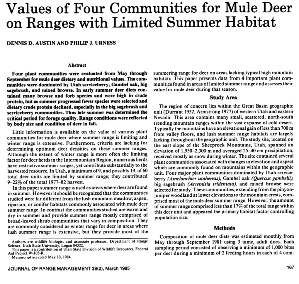 Values of Four Communities for Mule Deer on Ranges with Limited Summer Habitat