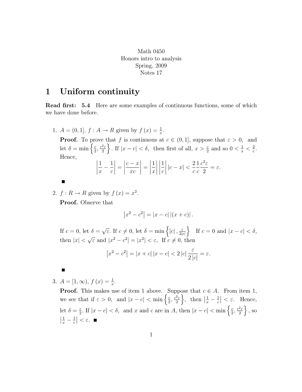 1 Uniform Continuity