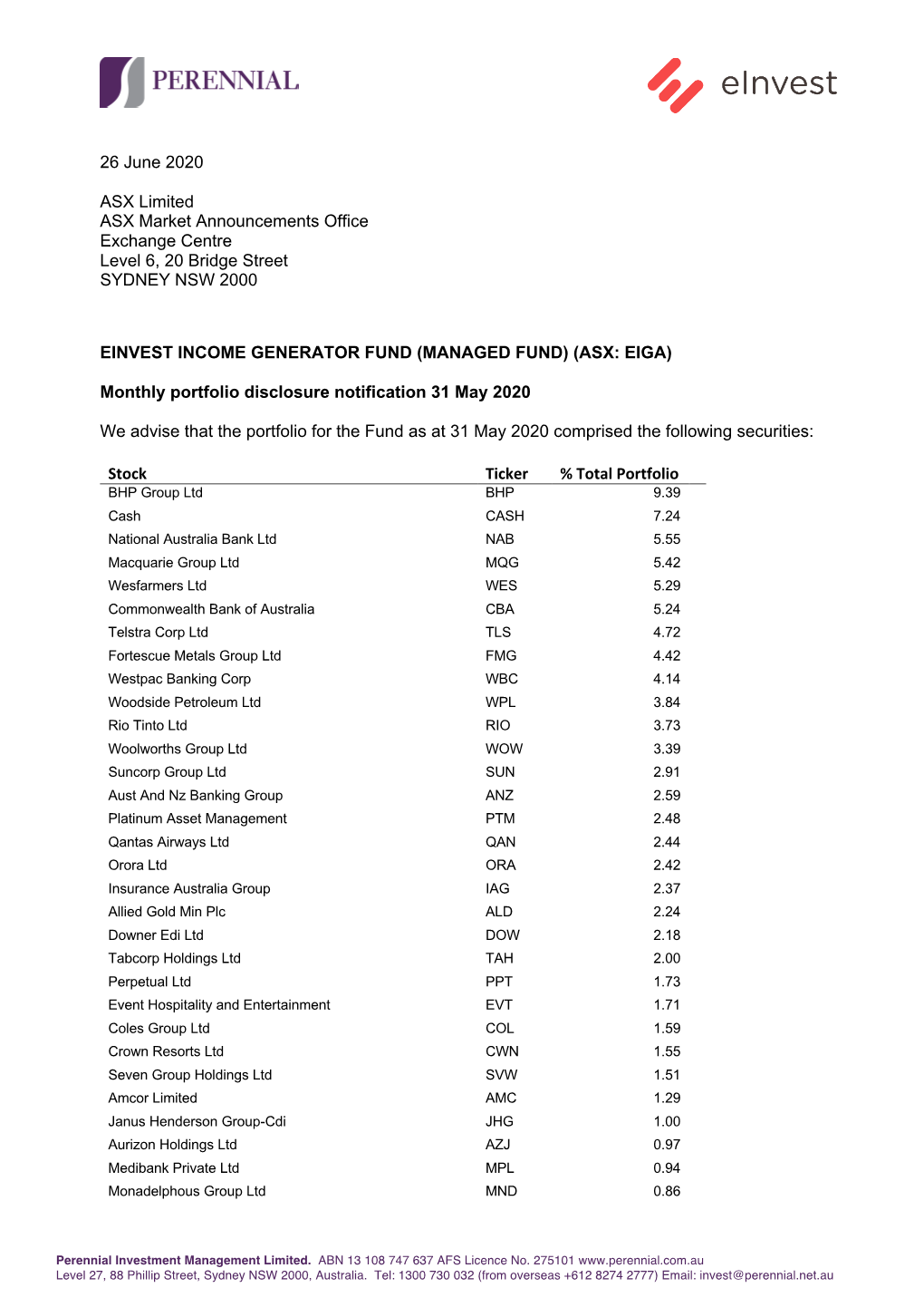 26 June 2020 ASX Limited ASX Market Announcements Office