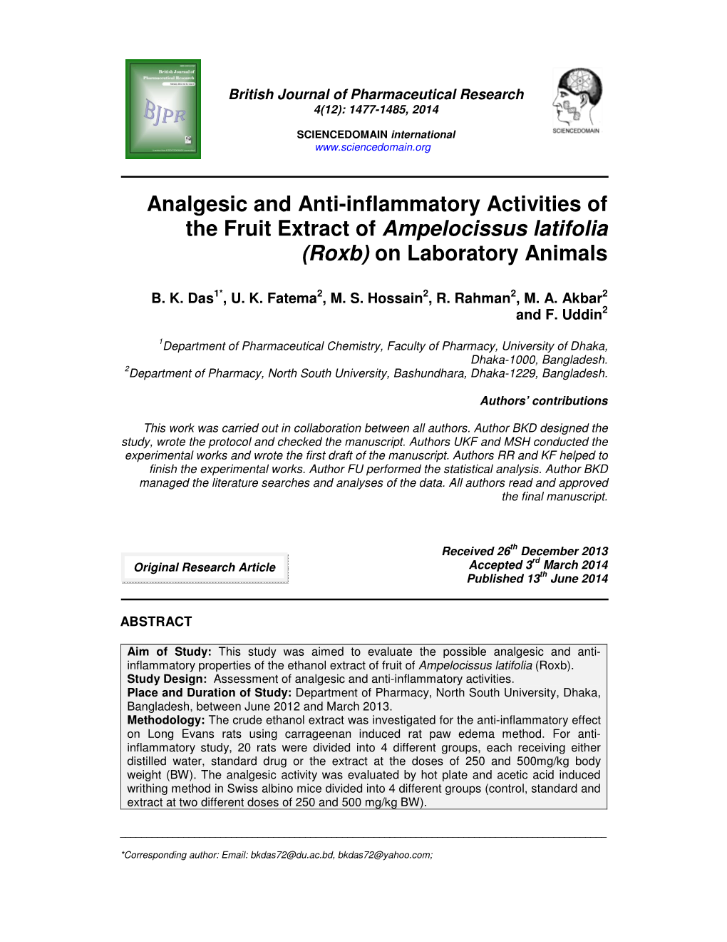 Analgesic and Anti-Inflammatory Activities of the Fruit Extract of Ampelocissus Latifolia (Roxb) on Laboratory Animals