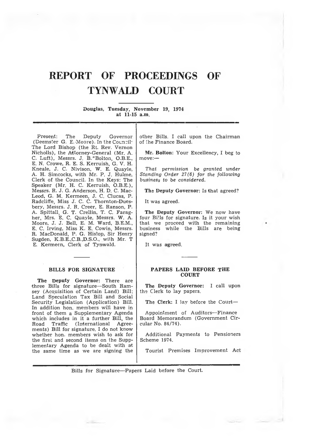 Report of Proceedings of Tynwald Court