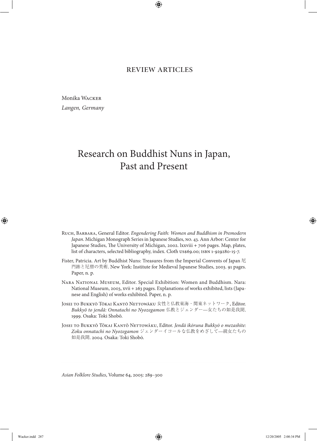 Research on Buddhist Nuns in Japan, Past and Present Review Articles