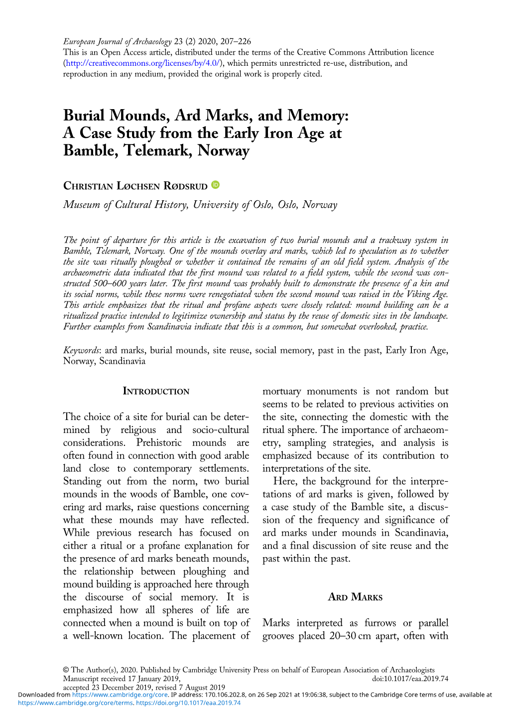 Burial Mounds, Ard Marks, and Memory: a Case Study from the Early Iron Age at Bamble, Telemark, Norway