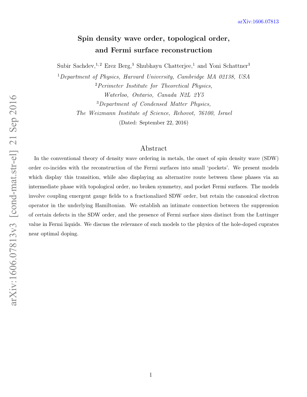 Spin Density Wave Order, Topological Order, and Fermi Surface Reconstruction