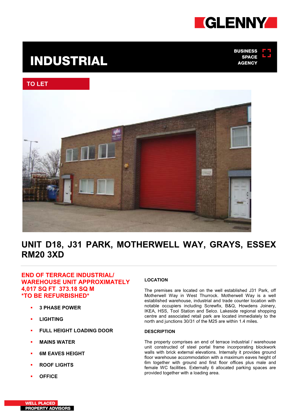 Unit D18, J31 Park, Motherwell Way, Grays, Essex Rm20 3Xd