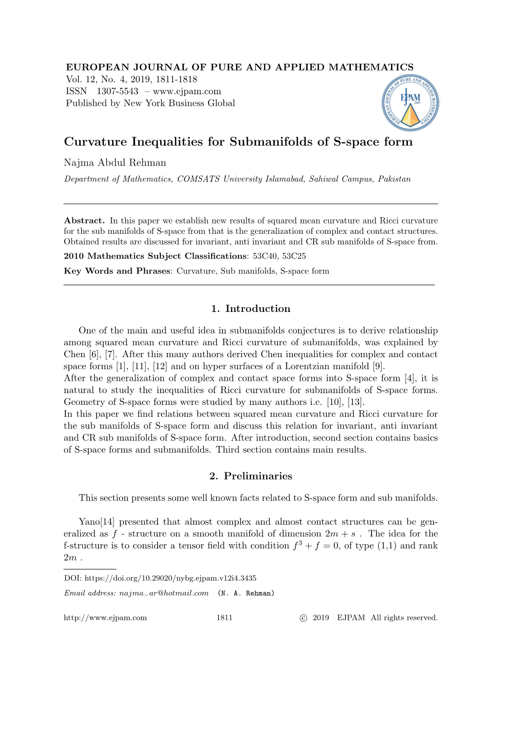 Curvature Inequalities for Submanifolds of S-Space Form Najma Abdul Rehman Department of Mathematics, COMSATS University Islamabad, Sahiwal Campus, Pakistan