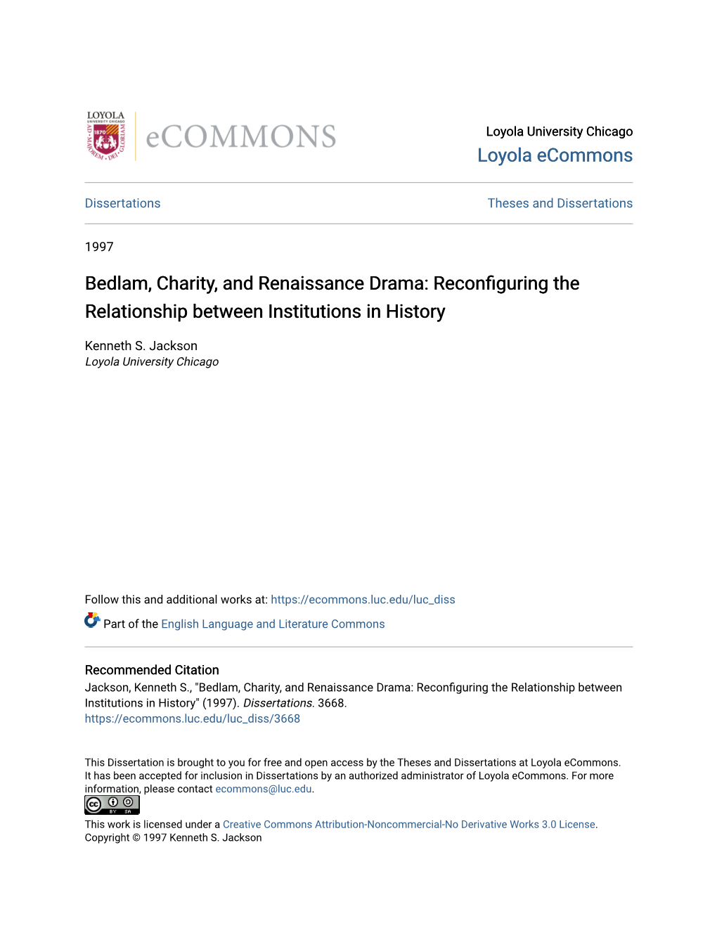 Bedlam, Charity, and Renaissance Drama: Reconfiguring the Relationship Between Institutions in History
