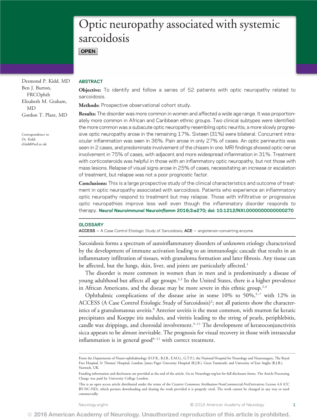 Optic Neuropathy Associated with Systemic Sarcoidosis