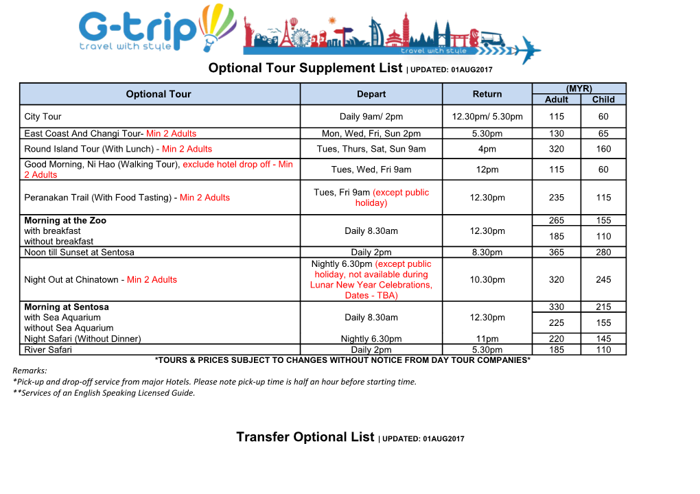 Optional Tour Supplement List UPDATED: 01AUG2017