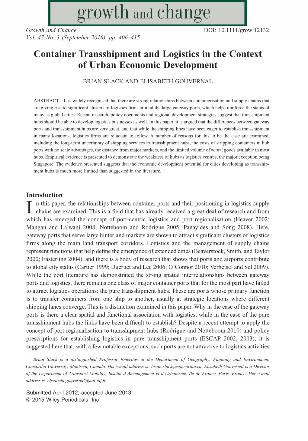 Container Transshipment and Logistics in the Context of Urban Economic Development