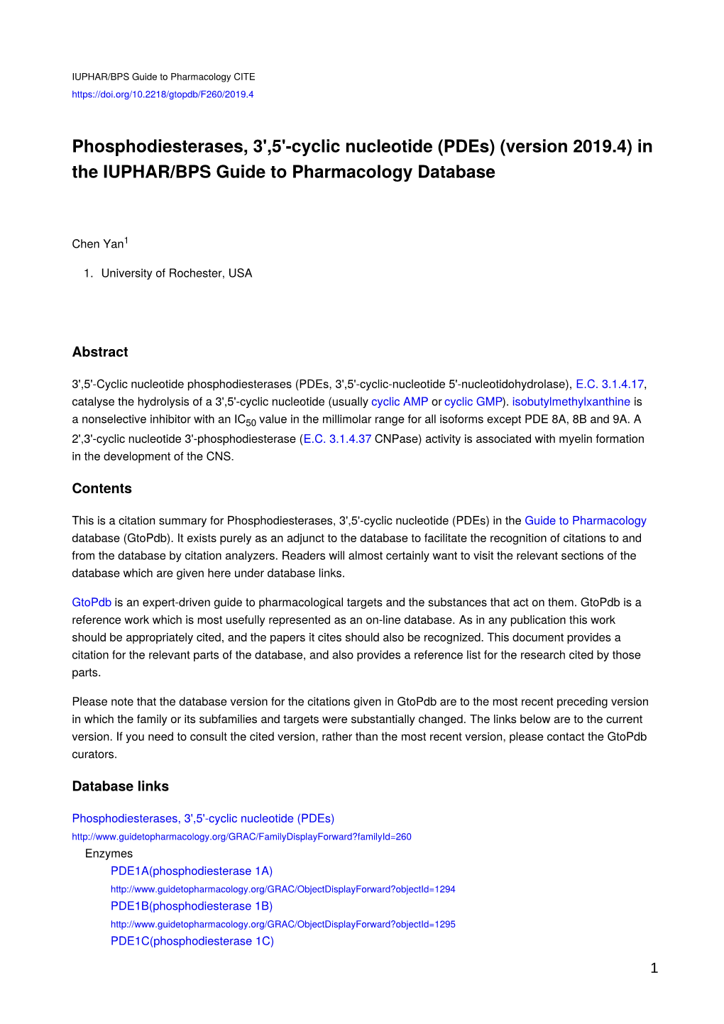 Phosphodiesterases, 3',5'-Cyclic Nucleotide (Pdes) (Version 2019.4) in the IUPHAR/BPS Guide to Pharmacology Database