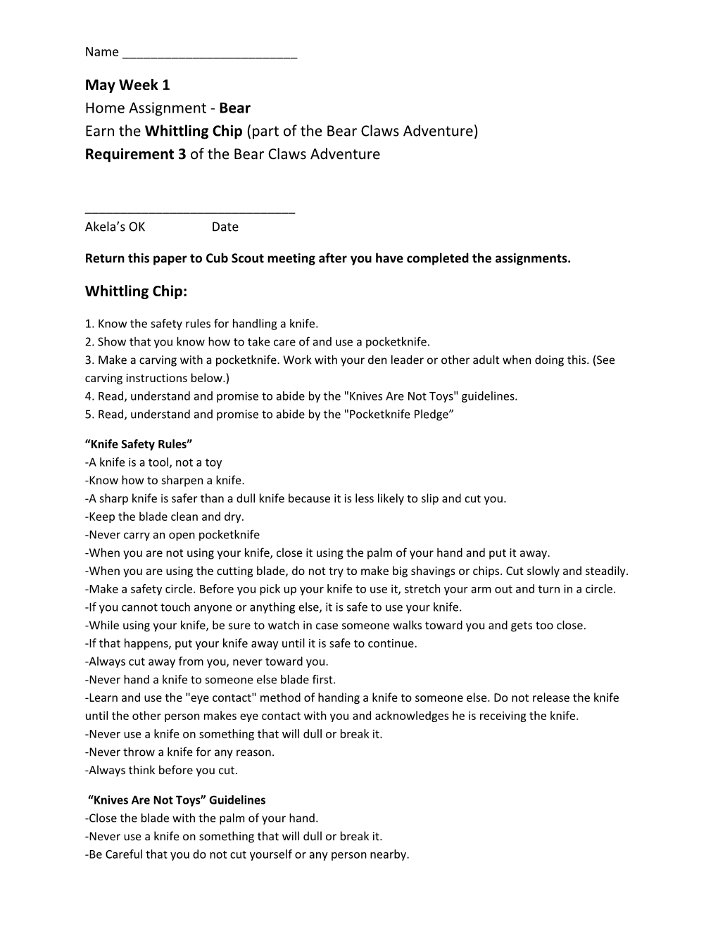 May Week 1 Home Assignment - Bear Earn the Whittling Chip (Part of the Bear Claws Adventure) Requirement 3 of the Bear Claws Adventure