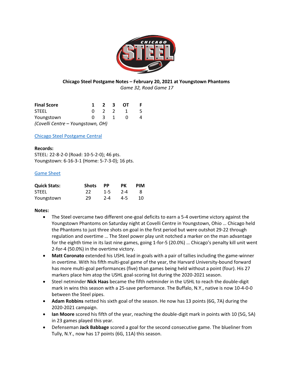 Chicago Steel Postgame Notes – February 20, 2021 at Youngstown Phantoms Game 32, Road Game 17