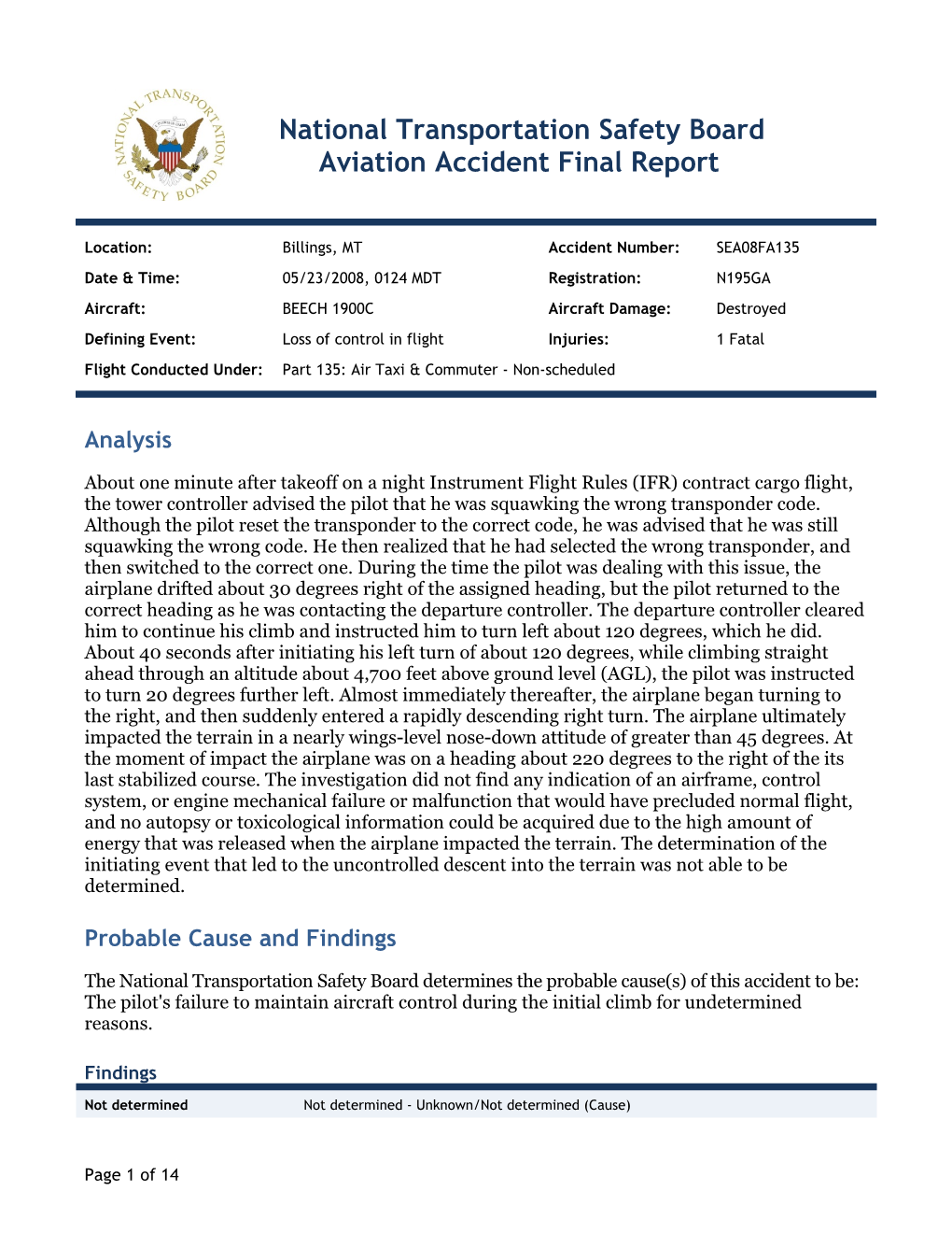 National Transportation Safety Board Aviation Accident Final Report