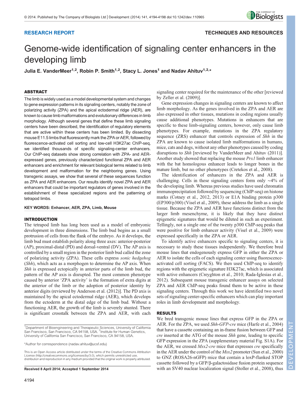 Genome-Wide Identification of Signaling Center Enhancers in the Developing Limb Julia E