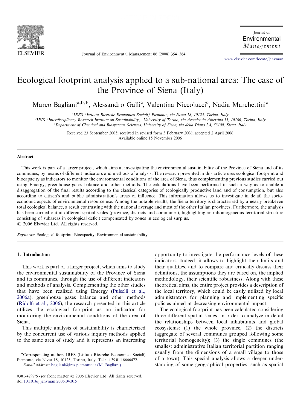 Ecological Footprint Analysis Applied to a Sub-National Area: the Case of the Province of Siena (Italy)