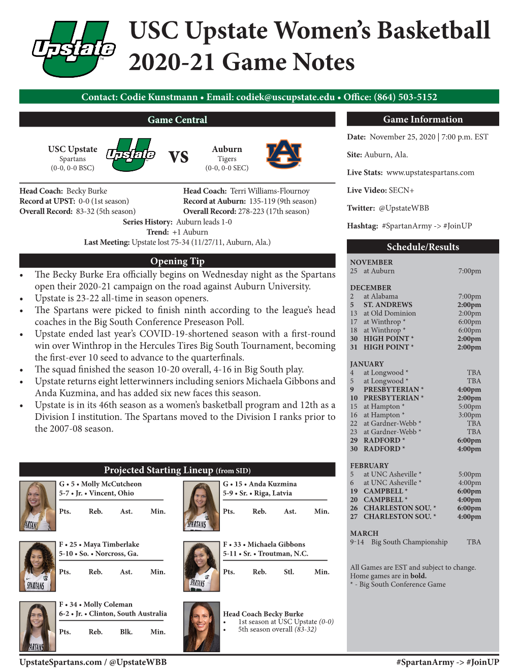 USC Upstate Women's Basketball 2020-21 Game Notes