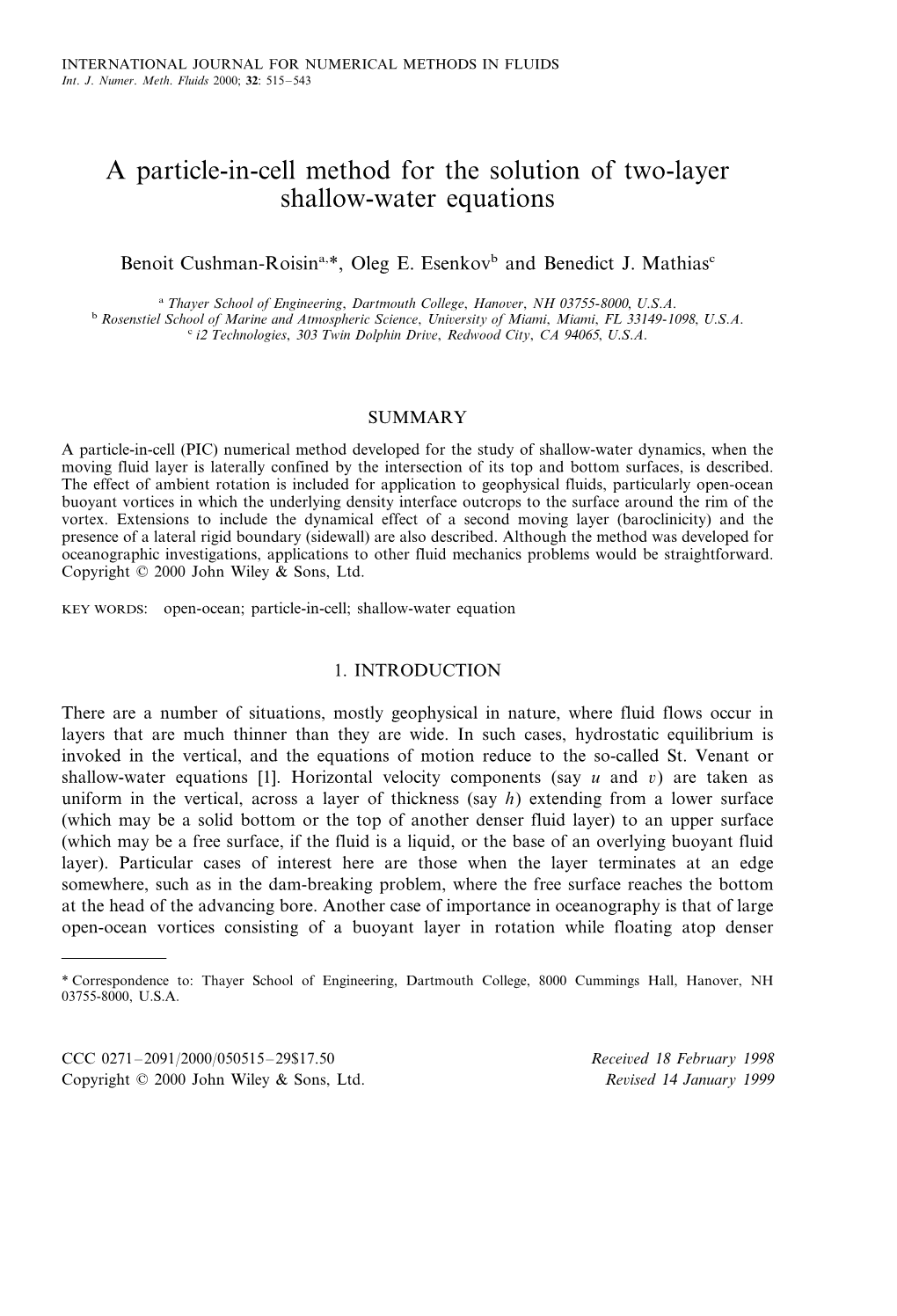 A Particle-In-Cell Method for the Solution of Two-Layer Shallow-Water Equations