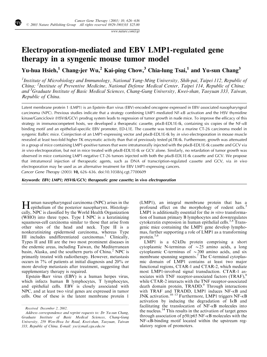 Electroporation-Mediated and EBV LMP1-Regulated Gene Therapy in A