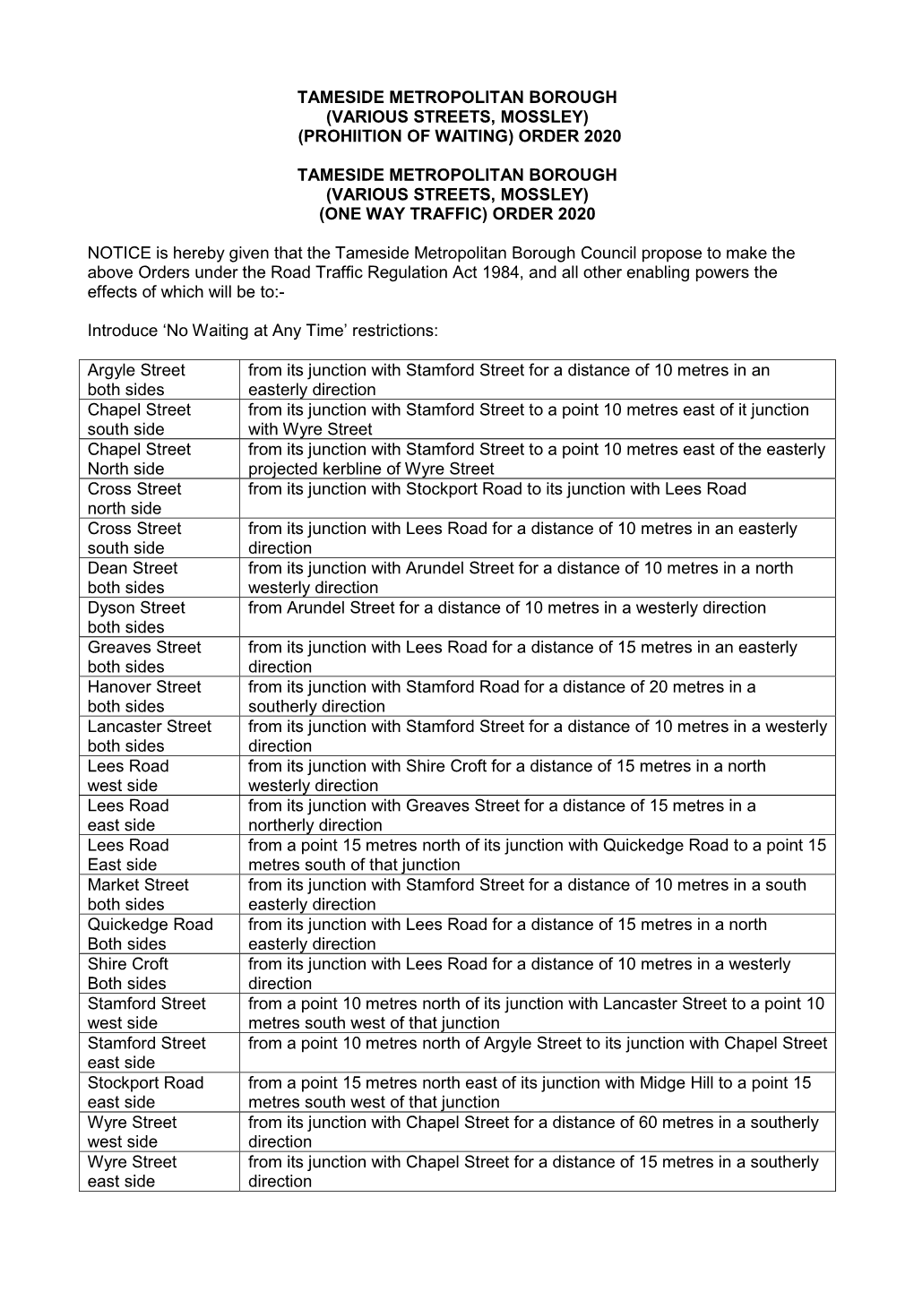 Tameside Metropolitan Borough (Various Streets, Mossley) (Prohiition of Waiting) Order 2020