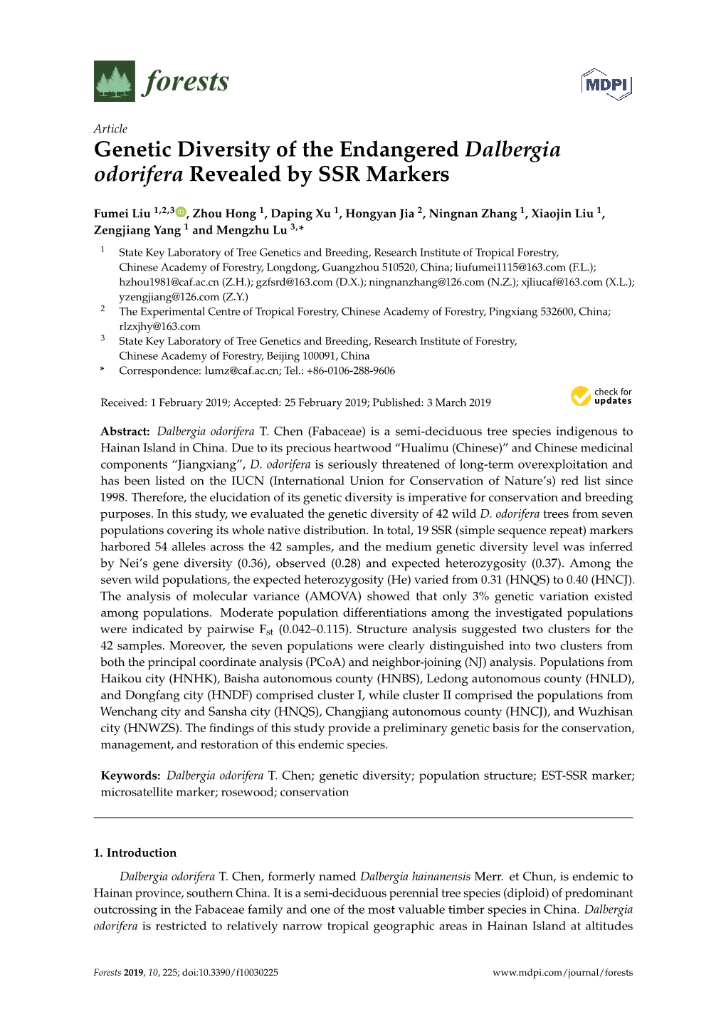 Genetic Diversity of the Endangered Dalbergia Odorifera Revealed by SSR Markers