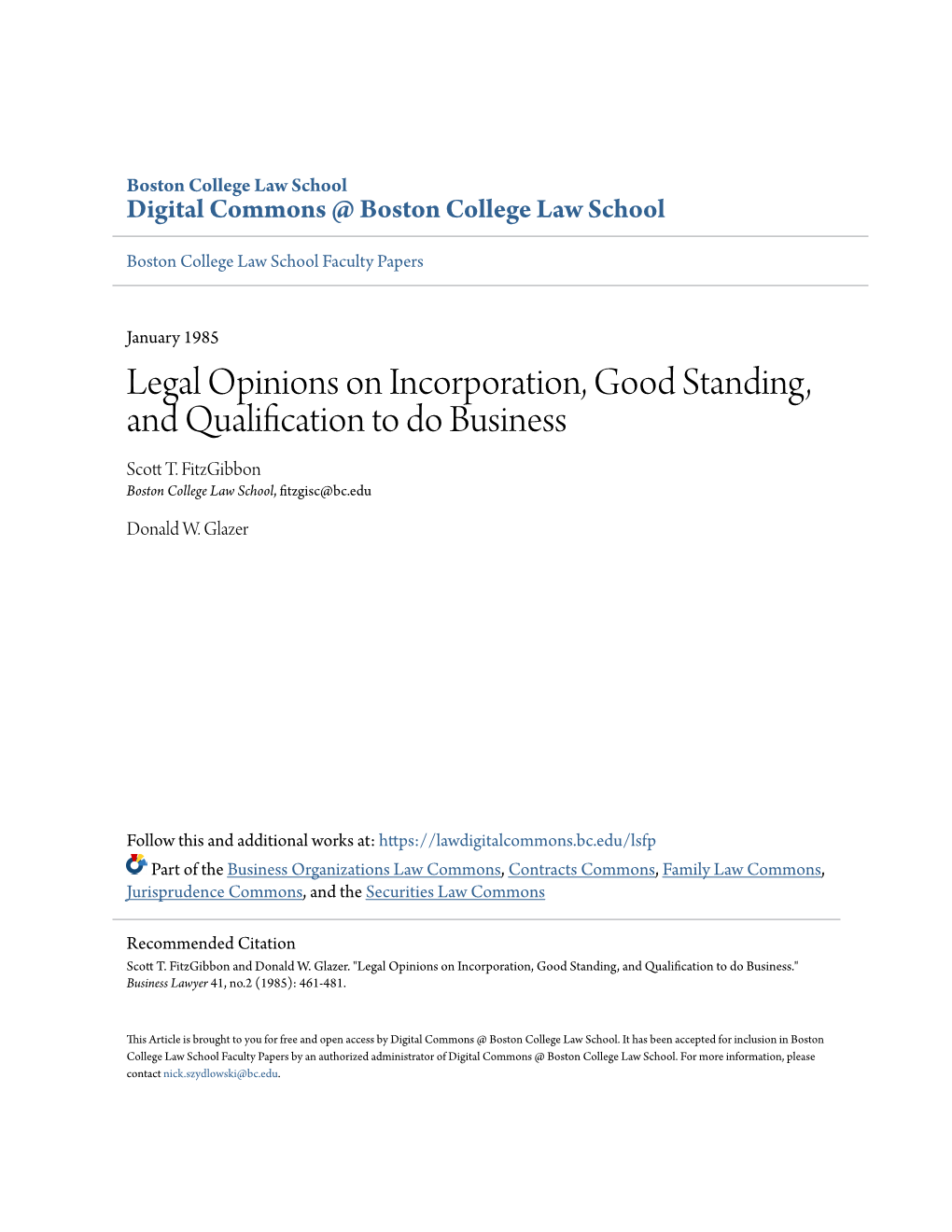 Legal Opinions on Incorporation, Good Standing, and Qualification to Do Business Scott .T Fitzgibbon Boston College Law School, Fitzgisc@Bc.Edu