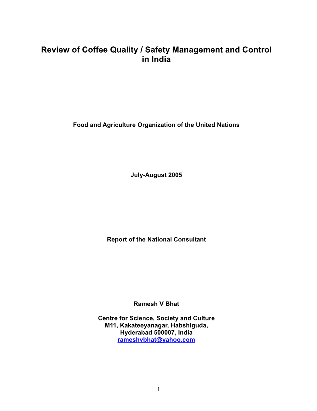 Coffee Quality and Safety Management and Control in India