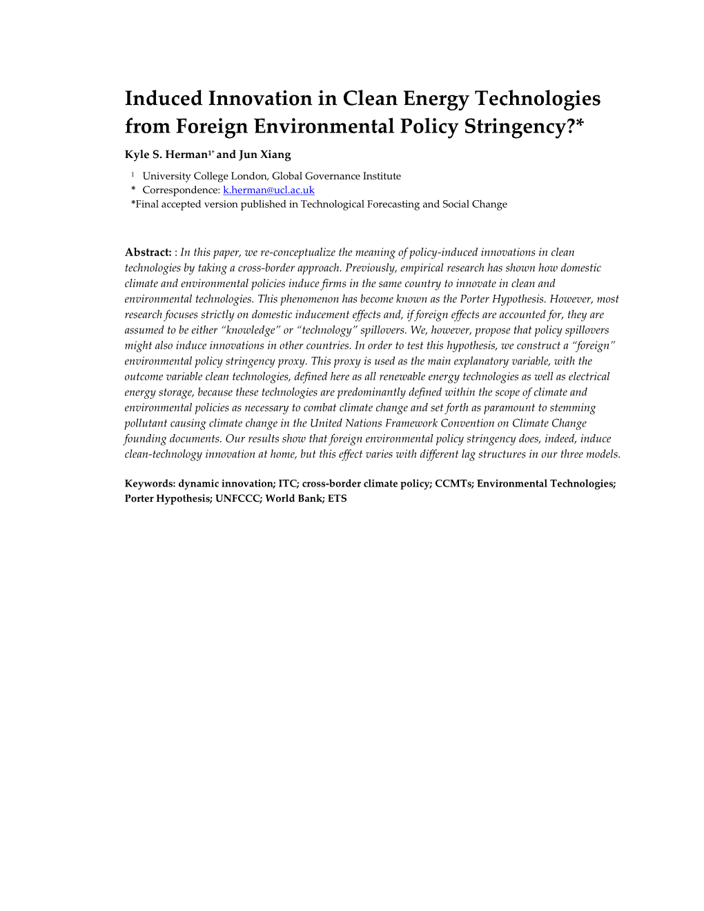 Induced Innovation in Clean Energy Technologies from Foreign Environmental Policy Stringency?*