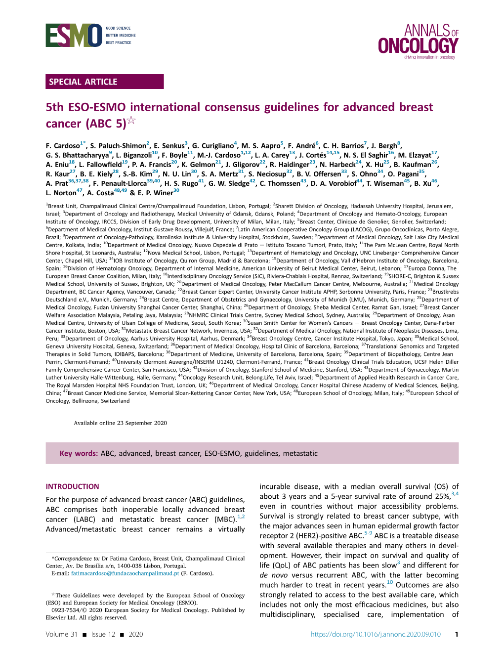 5Th ESO-ESMO International Consensus Guidelines for Advanced Breast Cancer (ABC 5)5