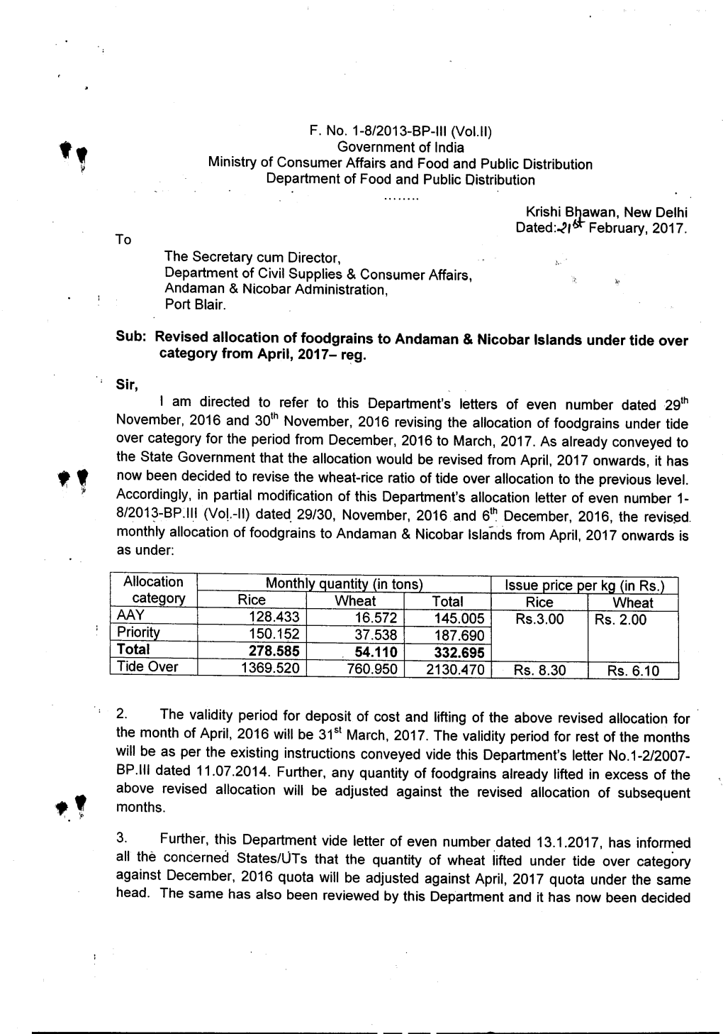 Revised Allocation of Foodgrains to Andaman & Nicobar Islands Under