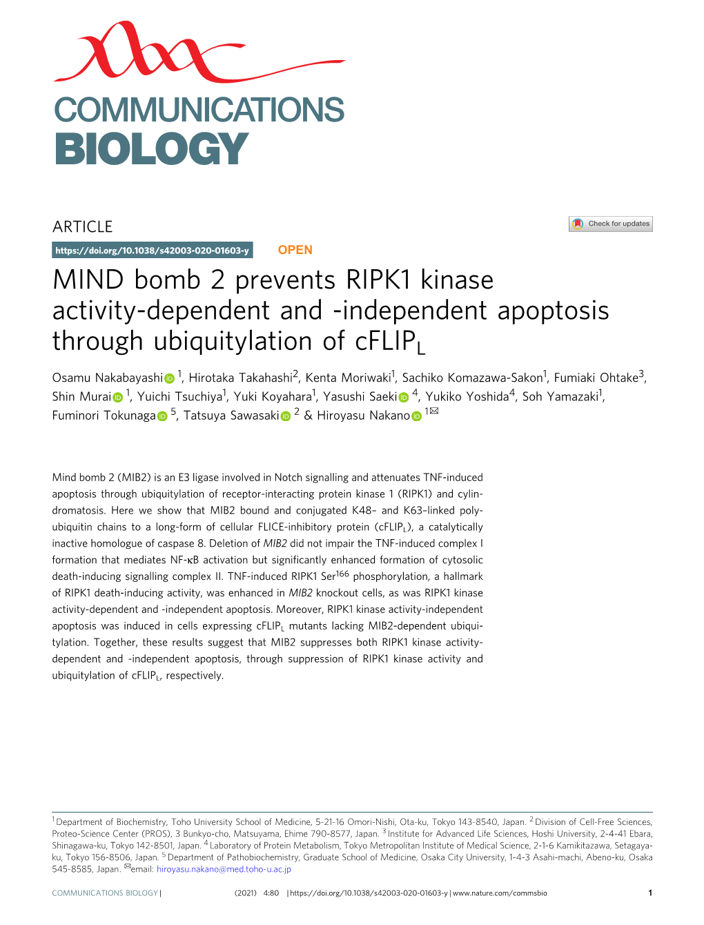 MIND Bomb 2 Prevents RIPK1 Kinase Activity-Dependent and -Independent Apoptosis Through Ubiquitylation of Cflipl
