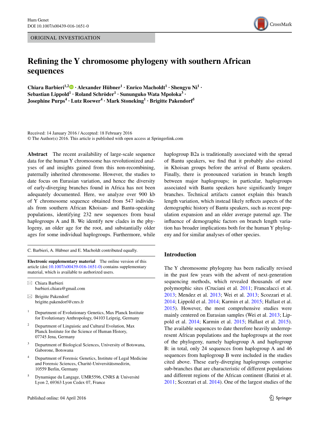 Refining the Y Chromosome Phylogeny with Southern African Sequences