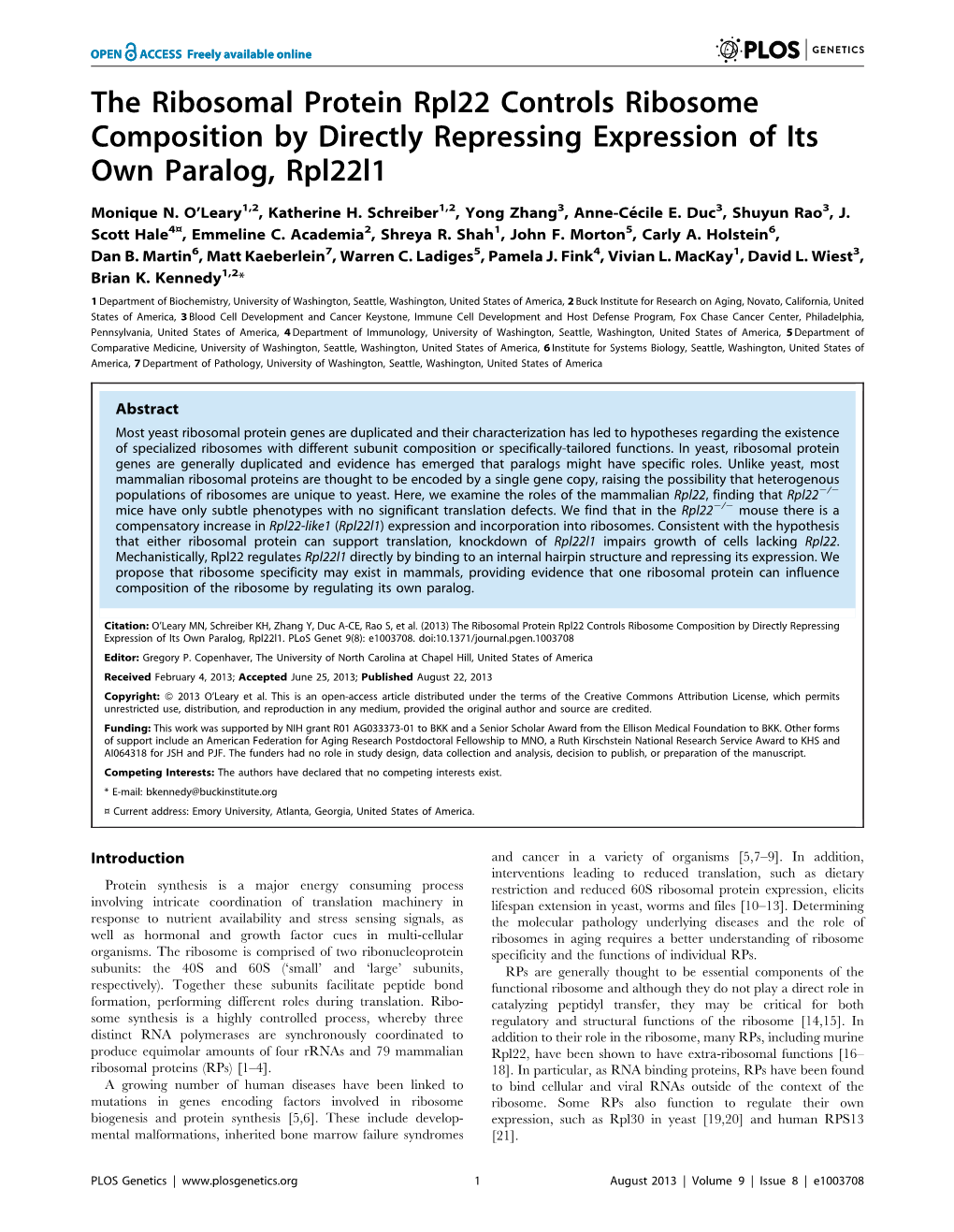 The Ribosomal Protein Rpl22 Controls Ribosome Composition by Directly Repressing Expression of Its Own Paralog, Rpl22l1