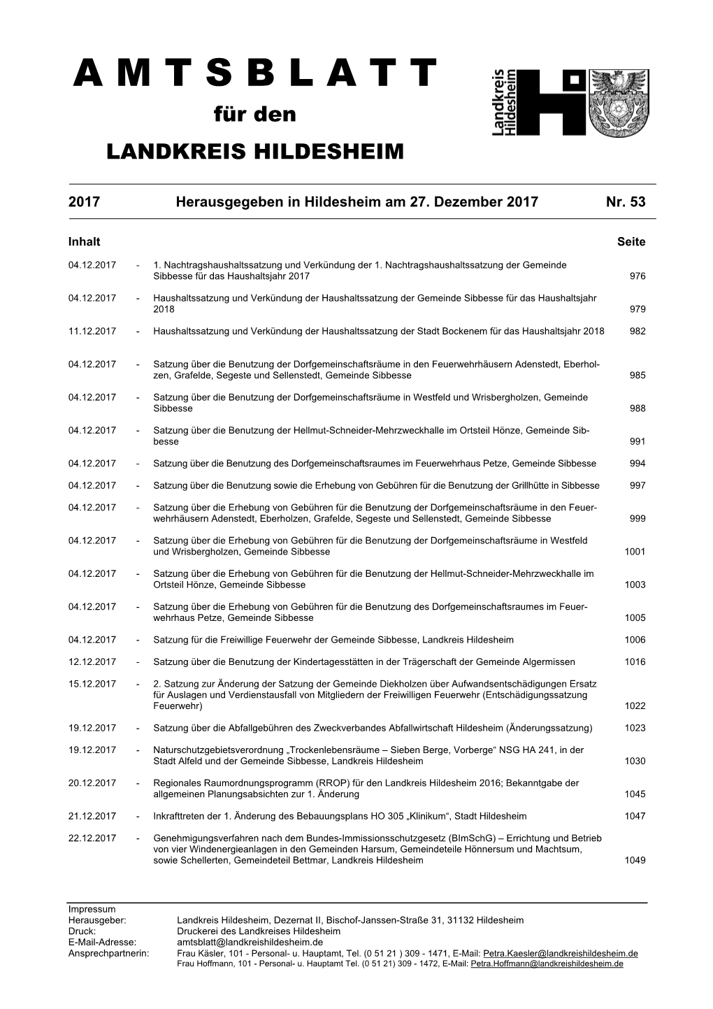 A M T S B L a T T Für Den LANDKREIS HILDESHEIM