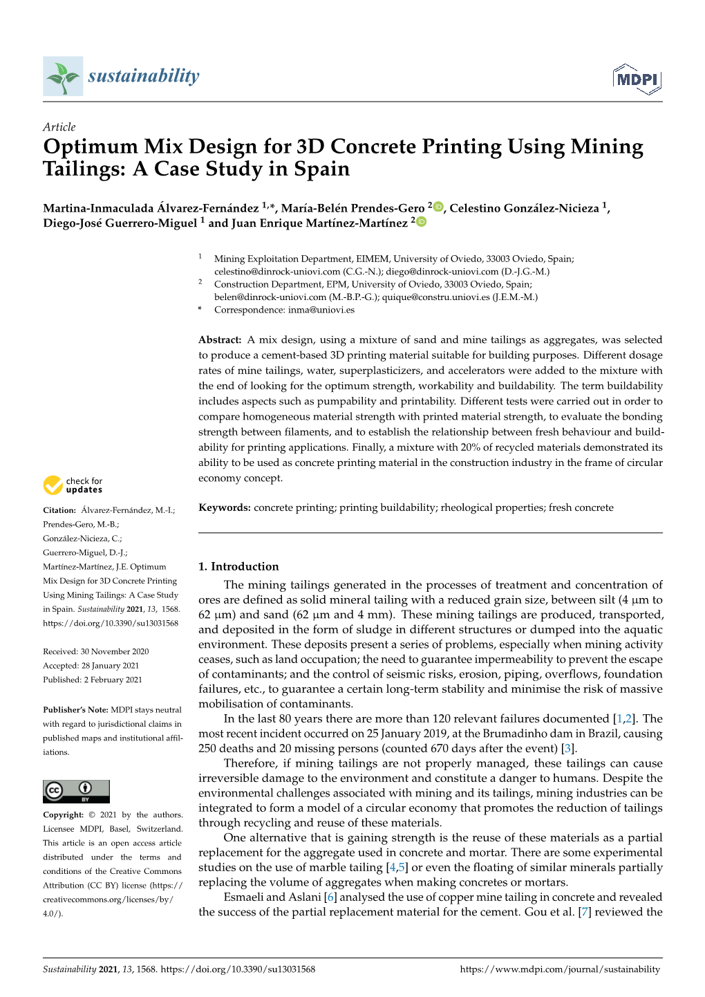 Optimum Mix Design for 3D Concrete Printing Using Mining Tailings: a Case Study in Spain