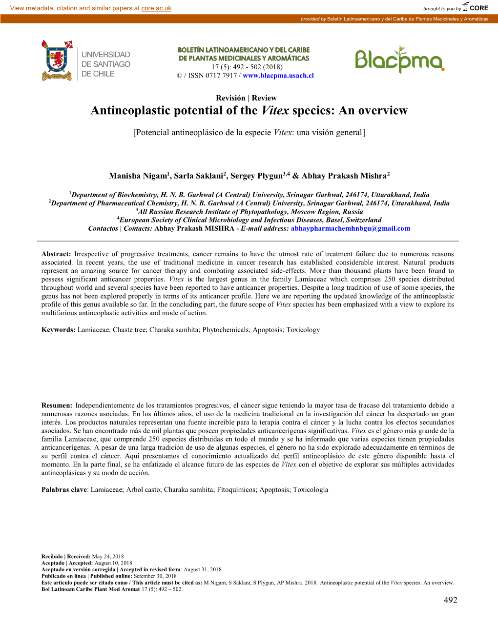 Antineoplastic Potential of the Vitex Species: an Overview