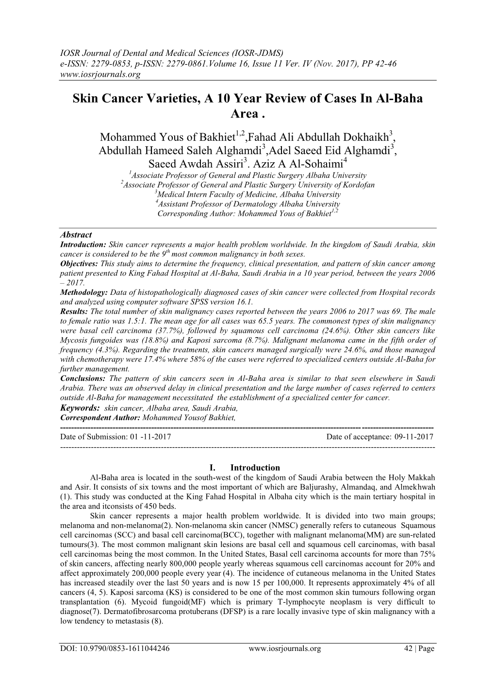 Skin Cancer Varieties, a 10 Year Review of Cases in Al-Baha Area