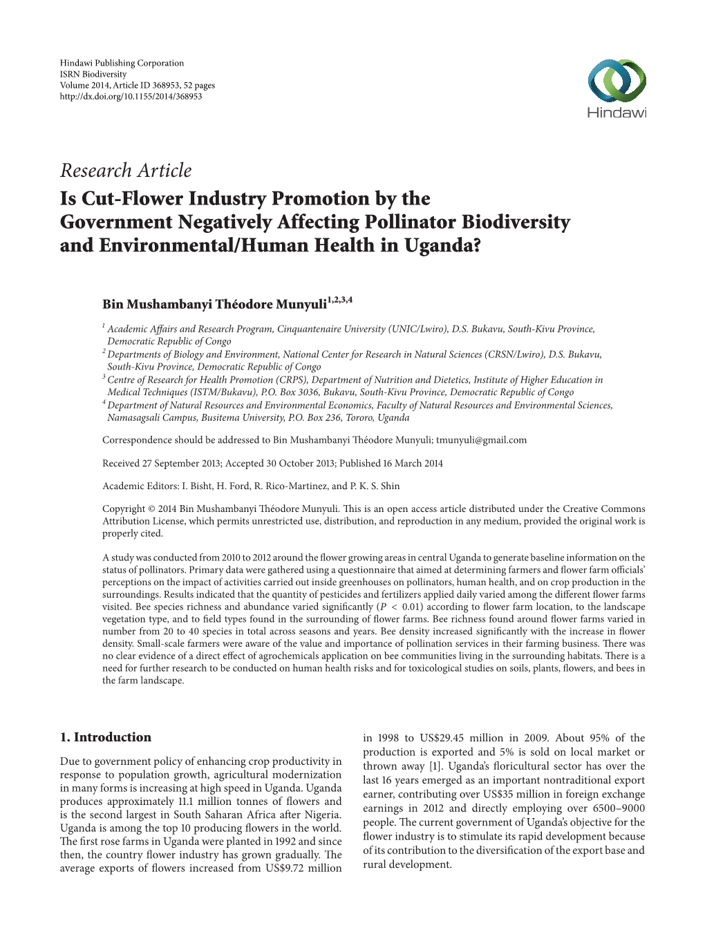 Is Cut-Flower Industry Promotion by the Government Negatively Affecting Pollinator Biodiversity and Environmental/Human Health in Uganda?