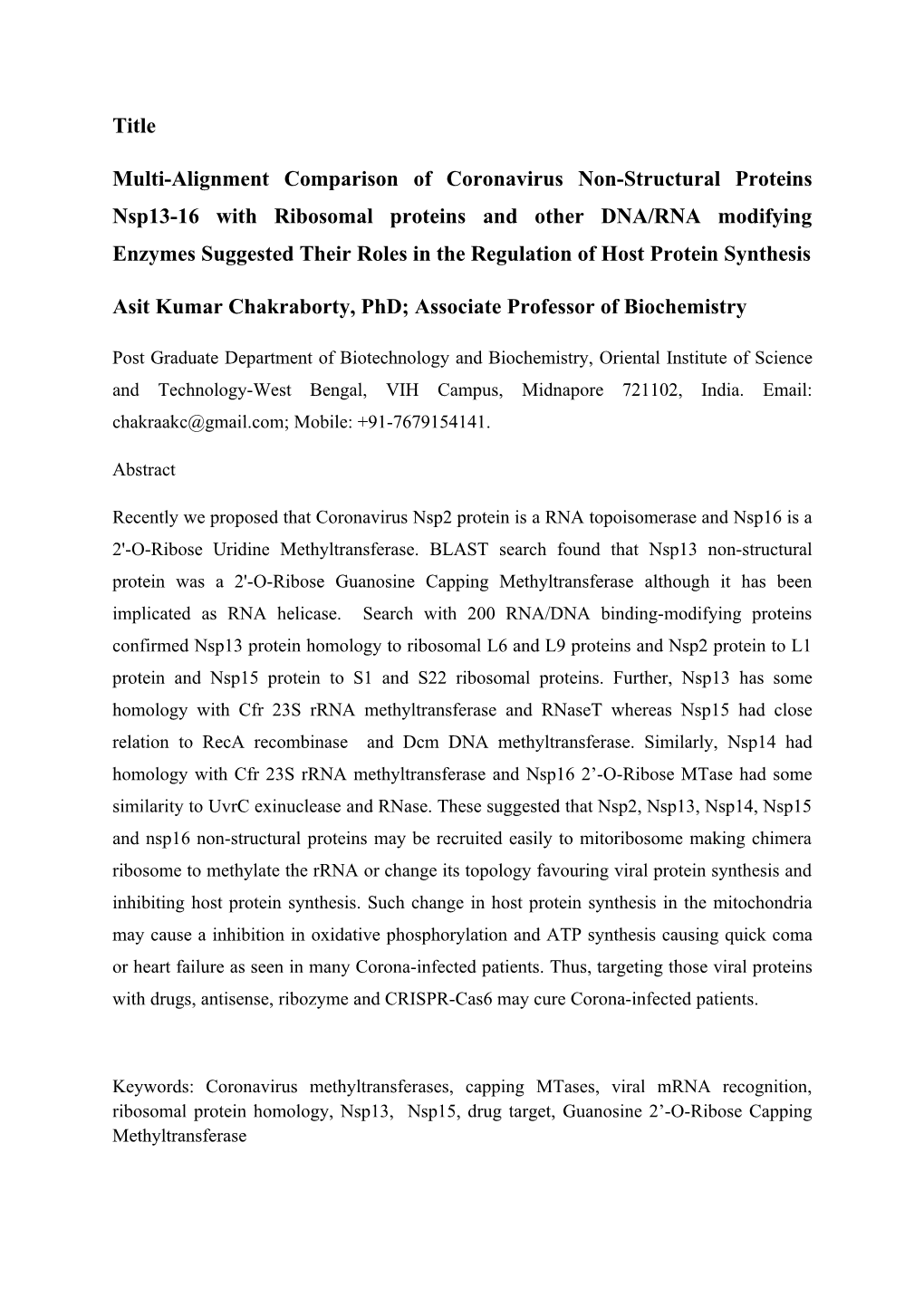 Title Multi-Alignment Comparison of Coronavirus Non-Structural