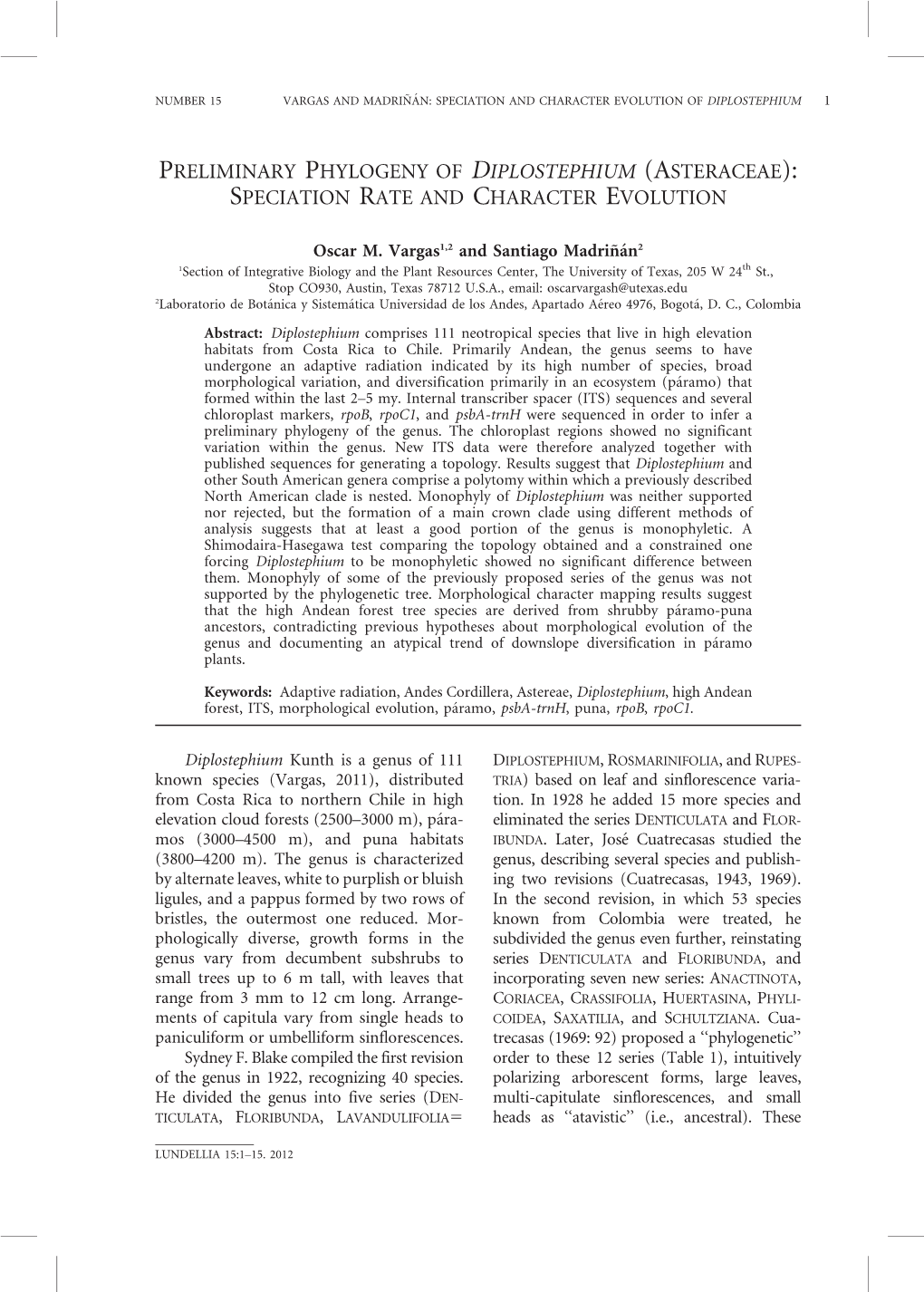 Preliminary Phylogeny of Diplostephium (Asteraceae): Speciation Rate and Character Evolution