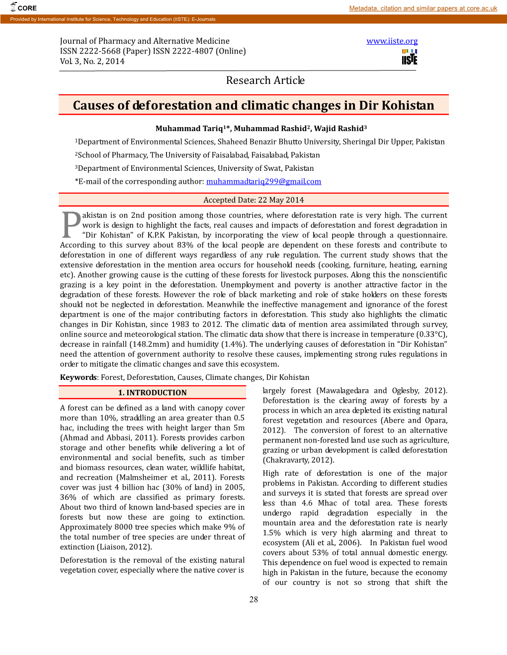 Causes of Deforestation and Climatic Changes in Dir Kohistan