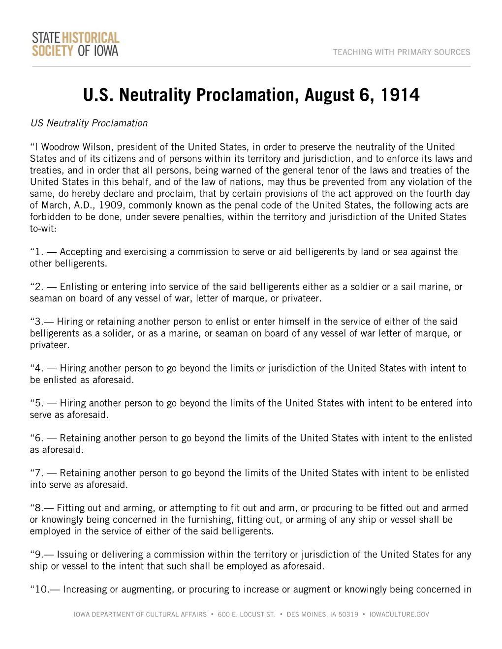 U.S. Neutrality Proclamation, August 6, 1914