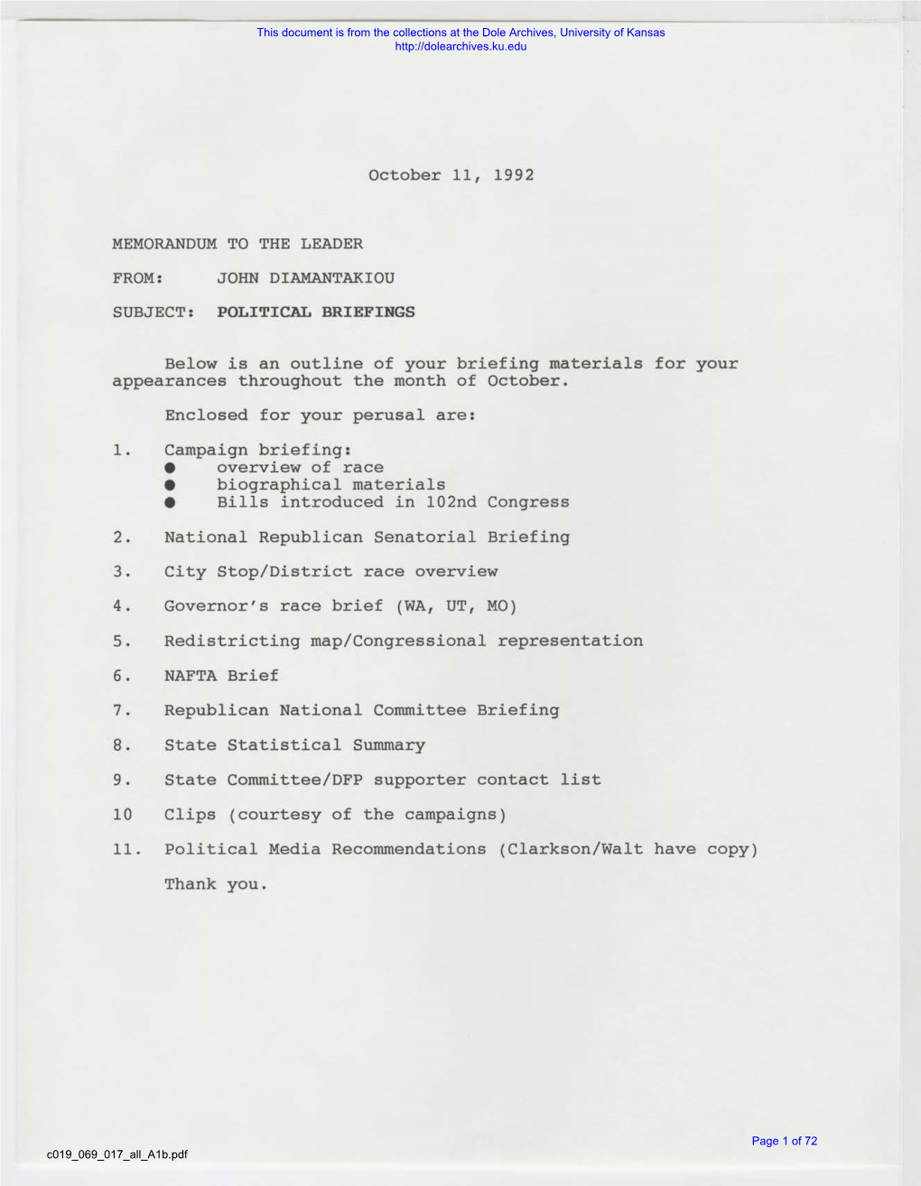 October 11, 1992 MEMORANDUM to the LEADER FROM: JOHN