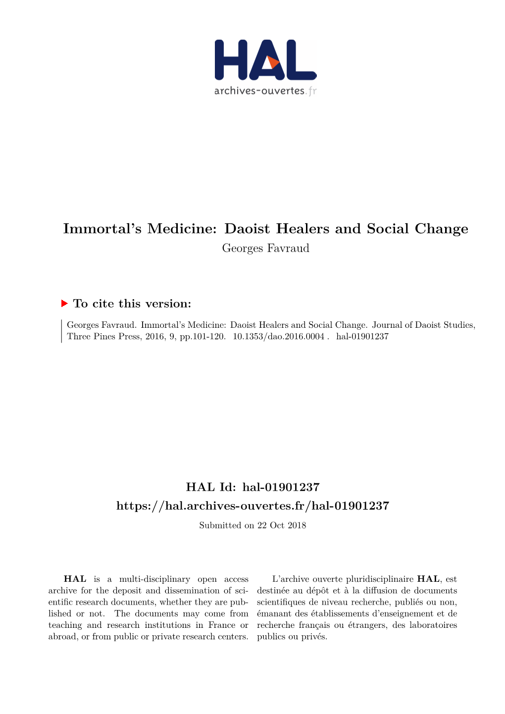 Immortal's Medicine: Daoist Healers and Social Change