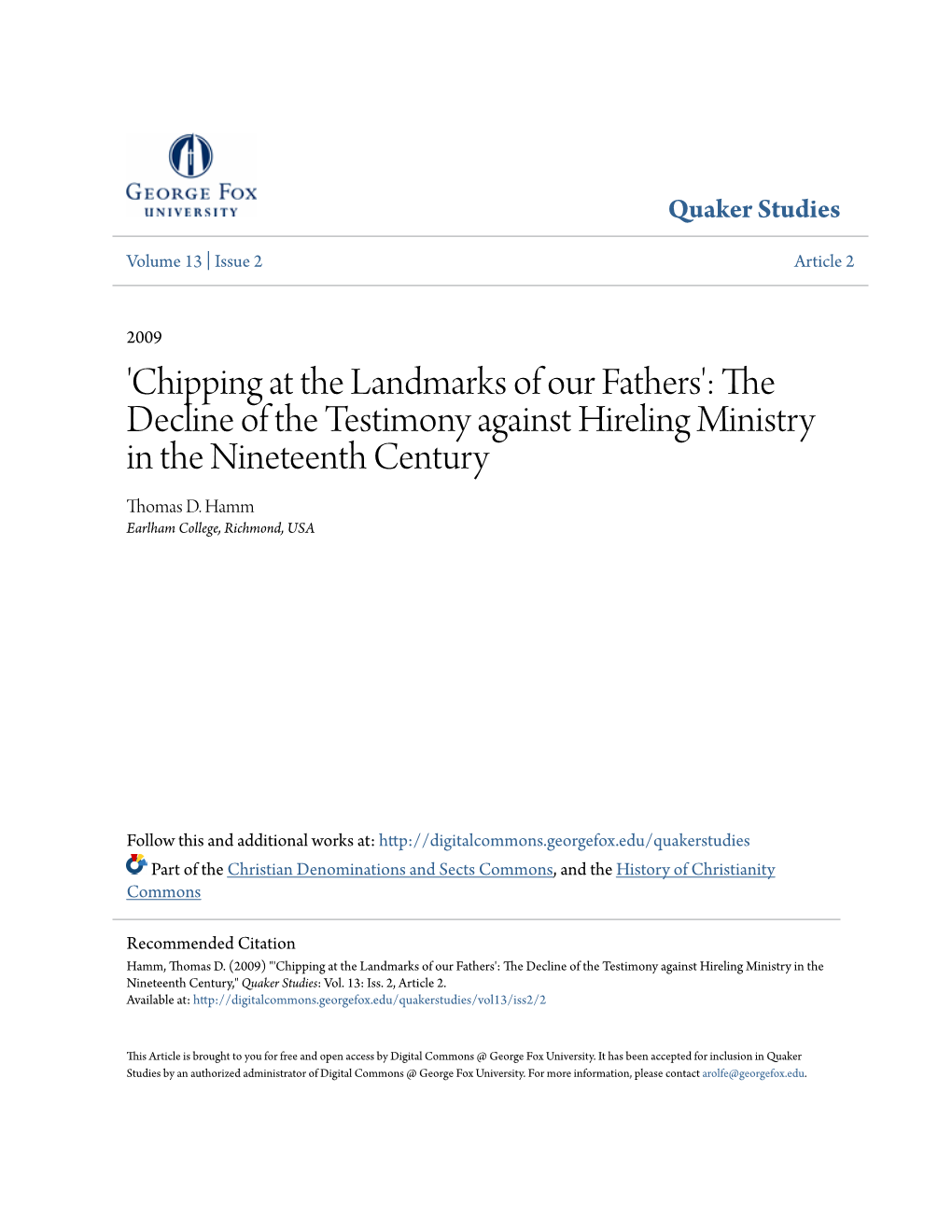 The Decline of the Testimony Against Hireling Ministry in the Nineteenth Century Thomas D