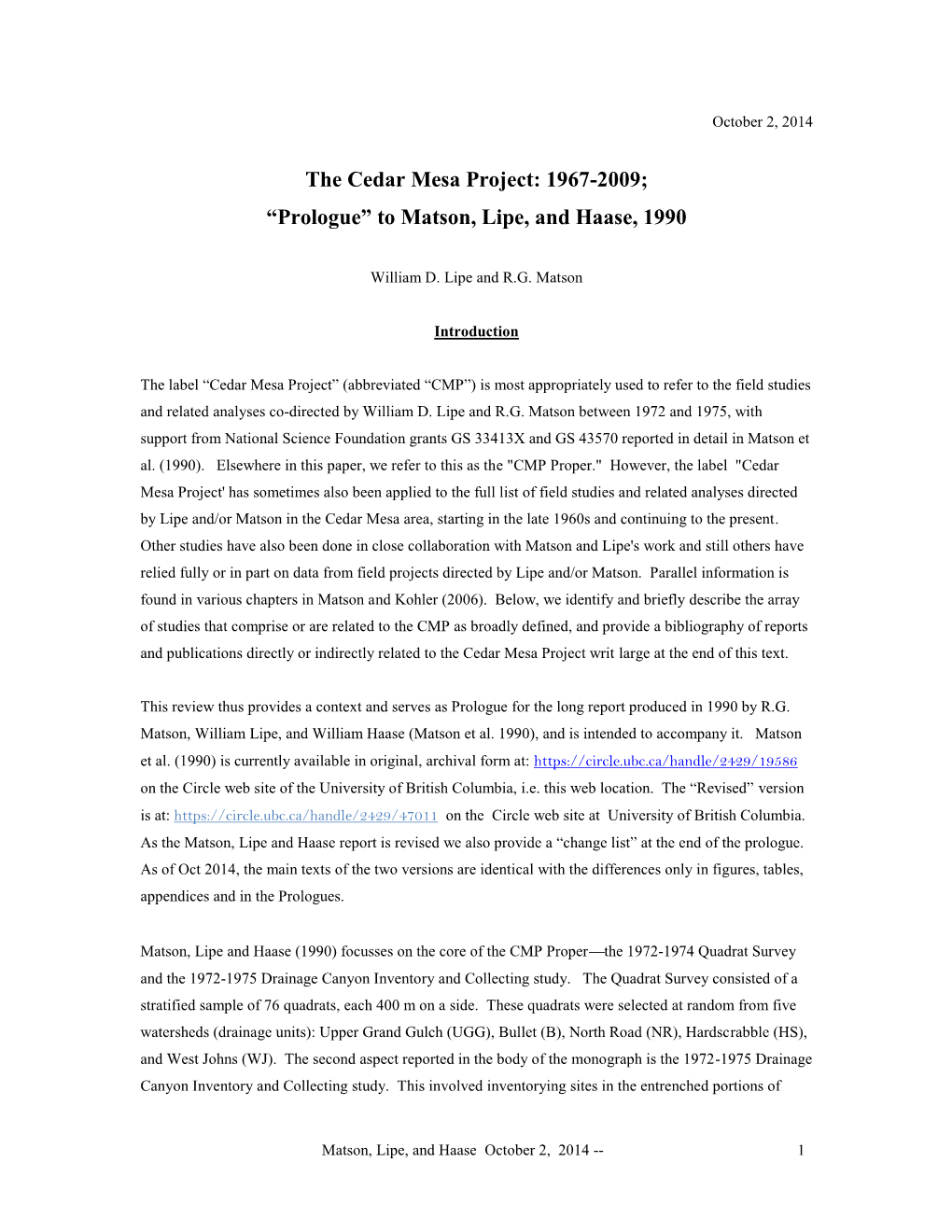 The Cedar Mesa Project: 1967-2009;